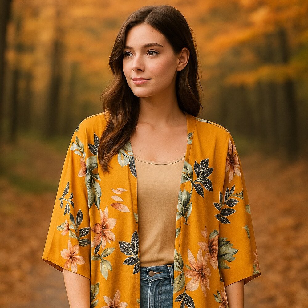 L&B Sheer Floral Kimono Cardigan – Orange Green Boho Resort Style – Small